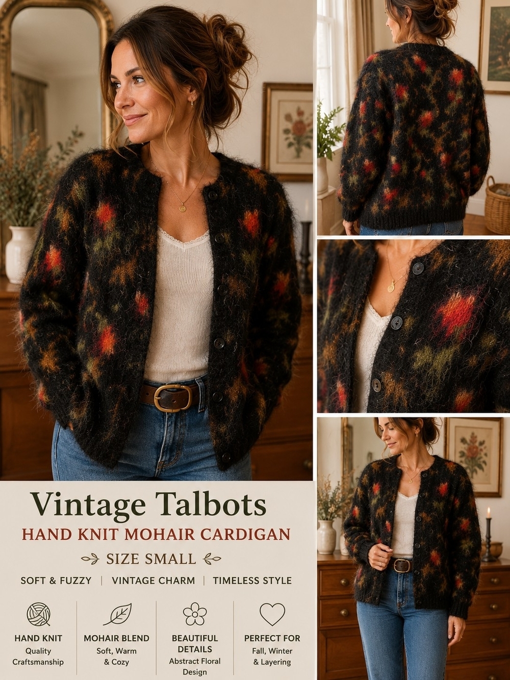 Vintage Talbots Hand Knit Mohair Cardigan Sweater Small Black Floral Cottagecore